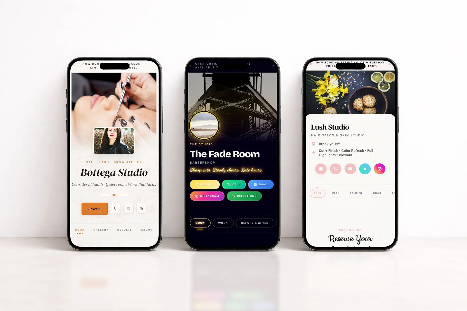 The BookReady template gallery, designed booking website templates for beauty studios